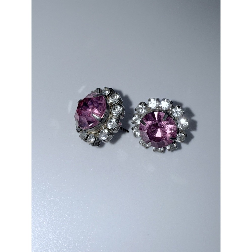 Vintage Pink Rhinestone Halo Earrings Prom Bridal Wedding Formal Stud Retro Glam